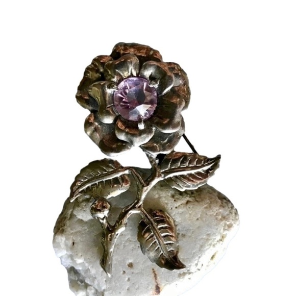 Sterling SILVER Amethyst ROSE BROOCH - Picture 2 of 6